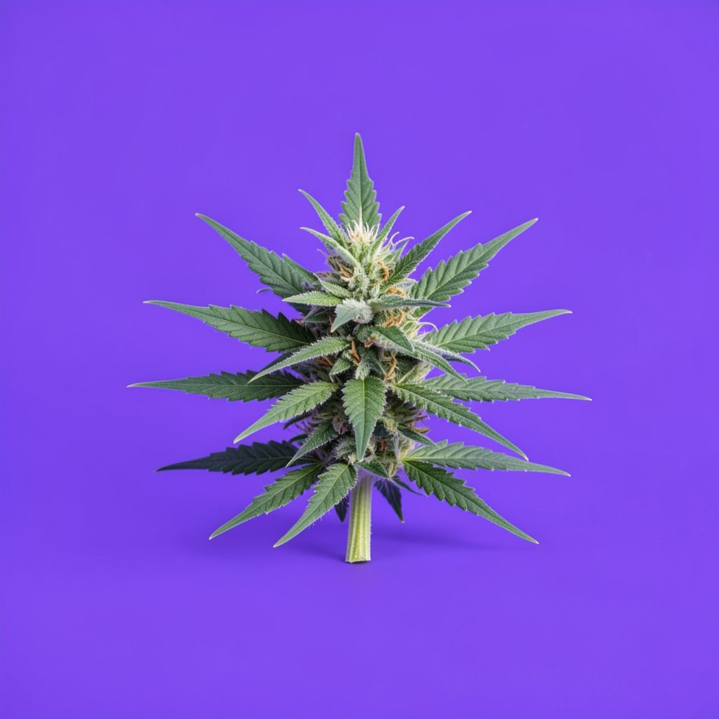 A crisp studio photograph of a stylized green cannabis leaf emblem centered on a clean white seamless backdrop, conveying a natural and botanical mood.